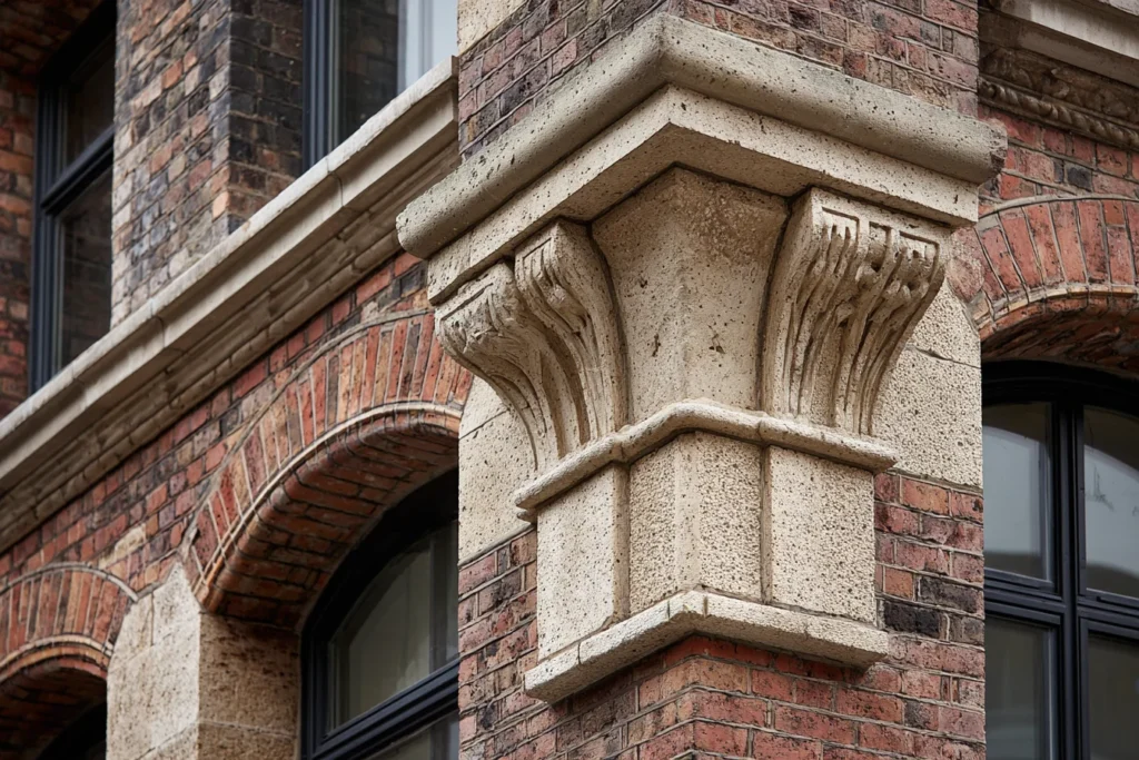 Renovated heritage building façade in North West England showcasing brick and stone restoration.